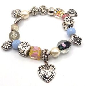 Silvertone Stretch Charm Bracelet for Mom with Art Glass Beads Silvertone Charms